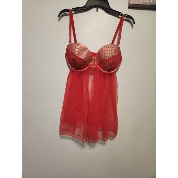 NWT Victoria's Secret Size 38D Red Push Up Lace Black BabyDoll Chemise Slip Nigh